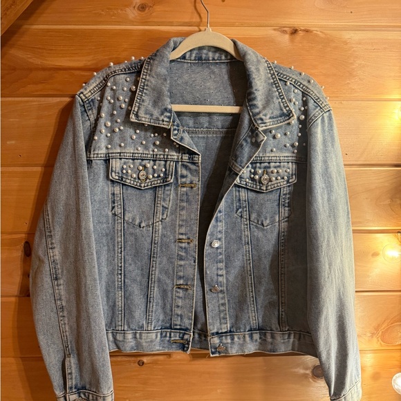 Amazon Jackets & Blazers - Denim Collared Pearl Studded Jacket with Buttons and Pockets